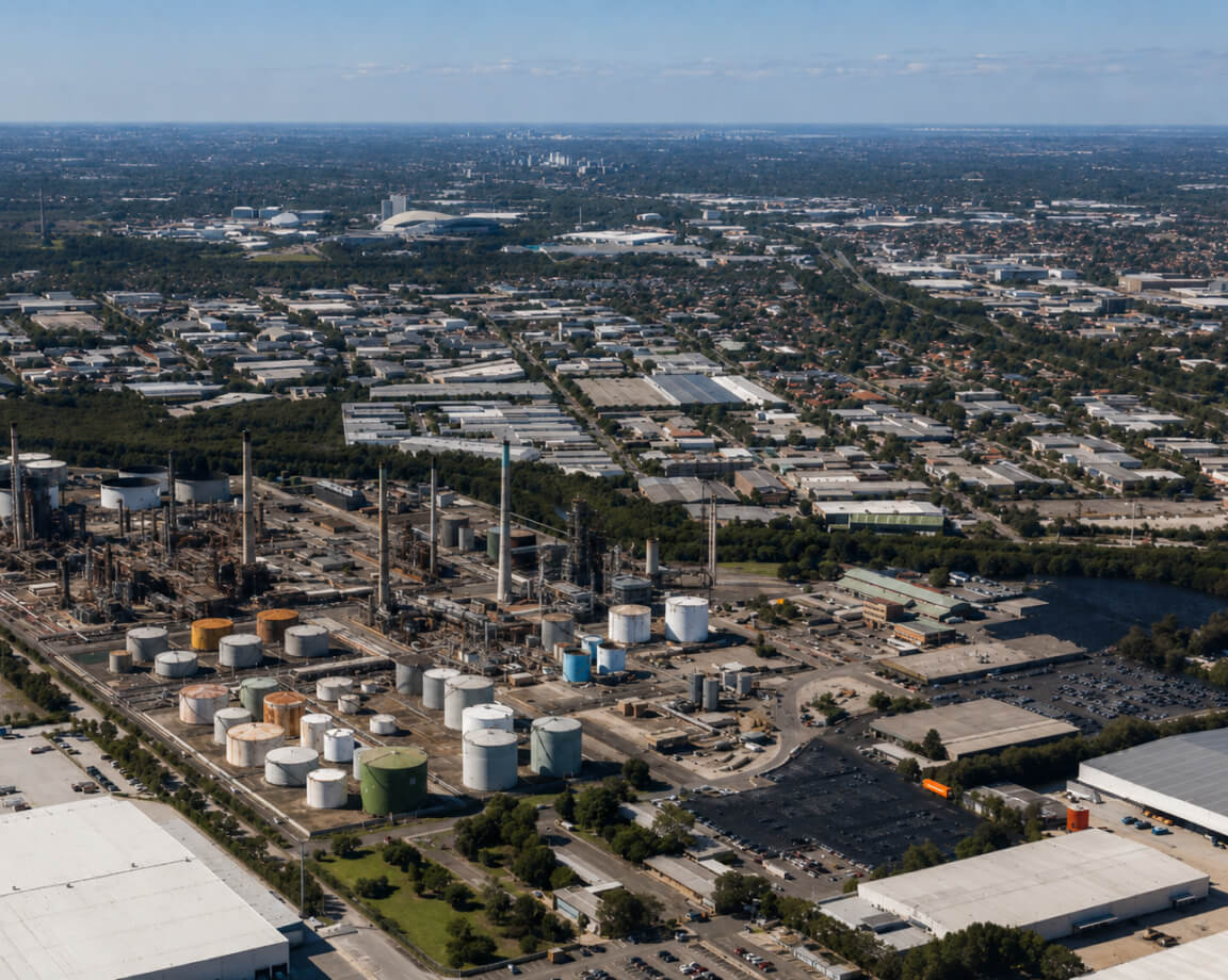 Aerial view of a refinery complex with storage tanks and processing units