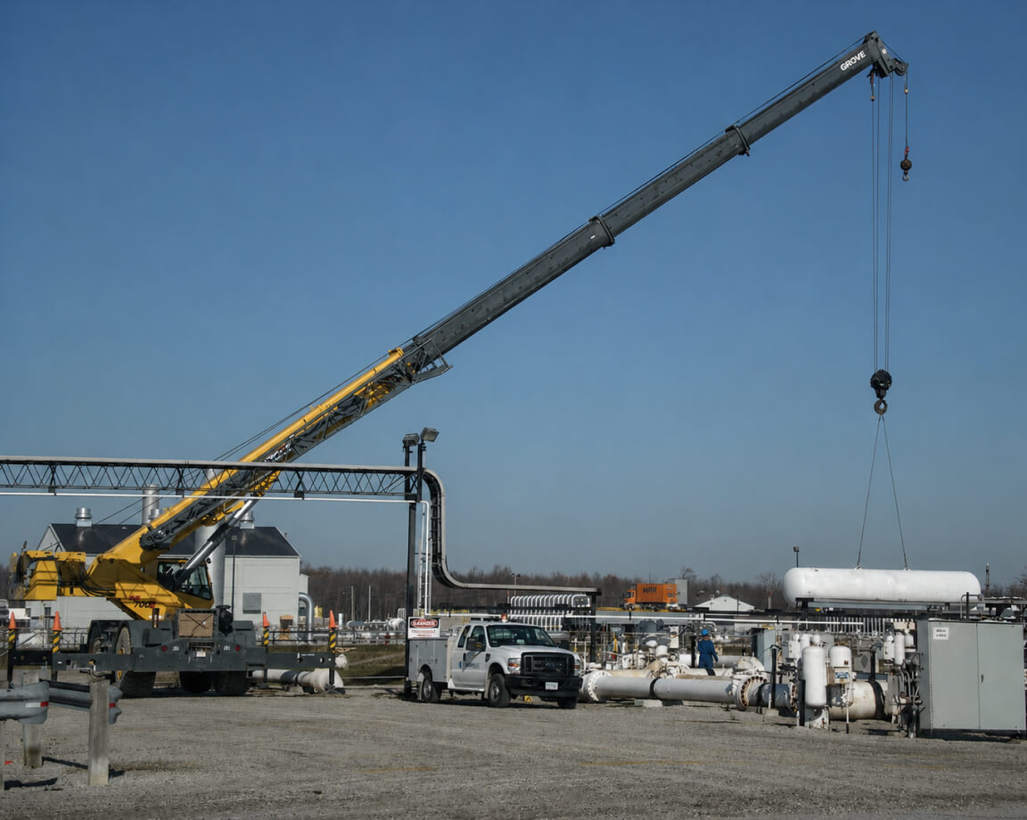 Crane truck lifting equipment at a gas infrastructure job site