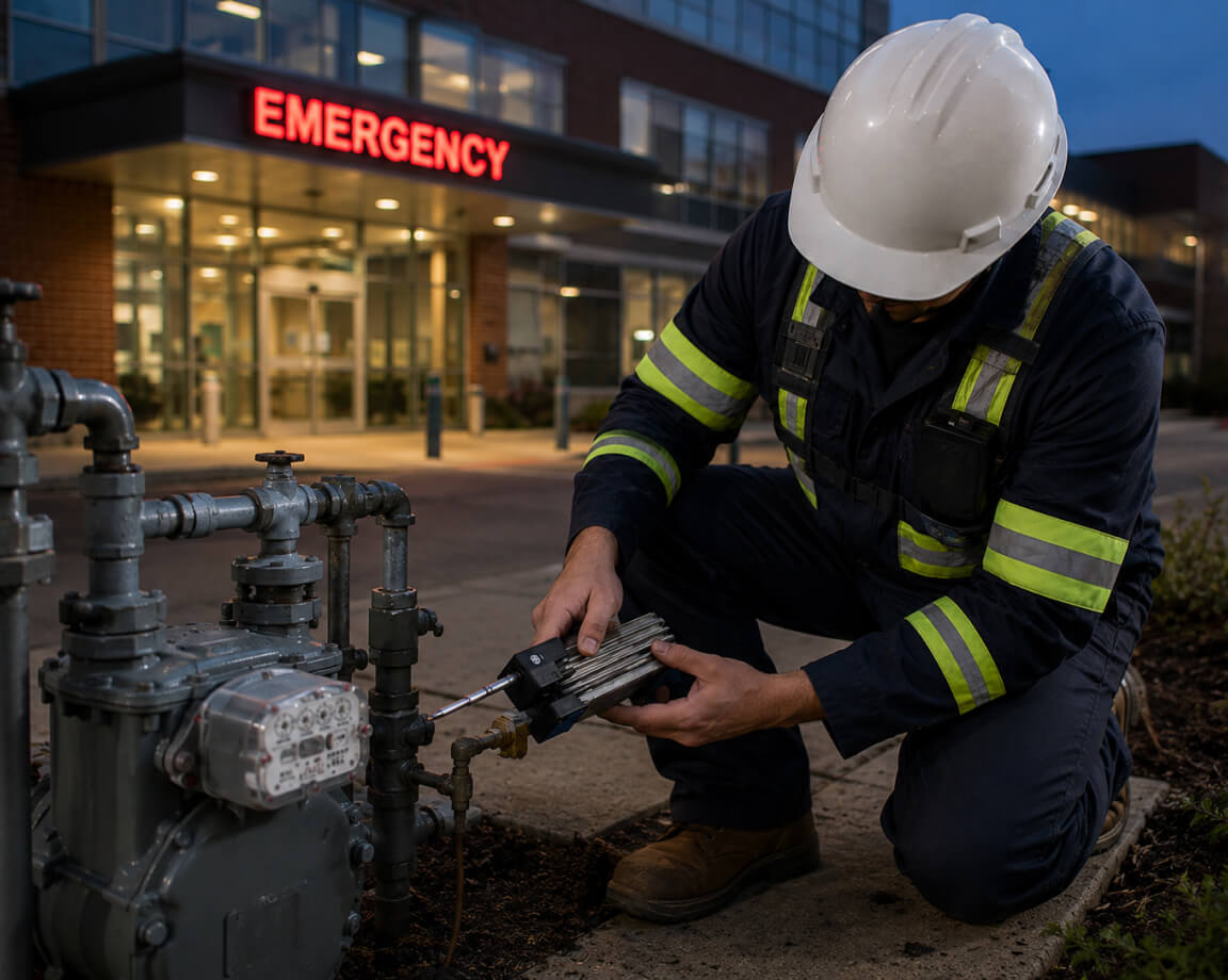 MRR technician servicing a gas meter outside a hospital emergency entrance at night