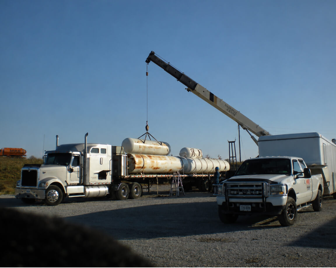 Crane truck loading tanks onto a trailer at a job site