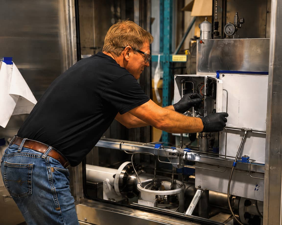 An MRR technician servicing stainless steel odorization equipment, reflecting the company's Fixers approach to problem-solving