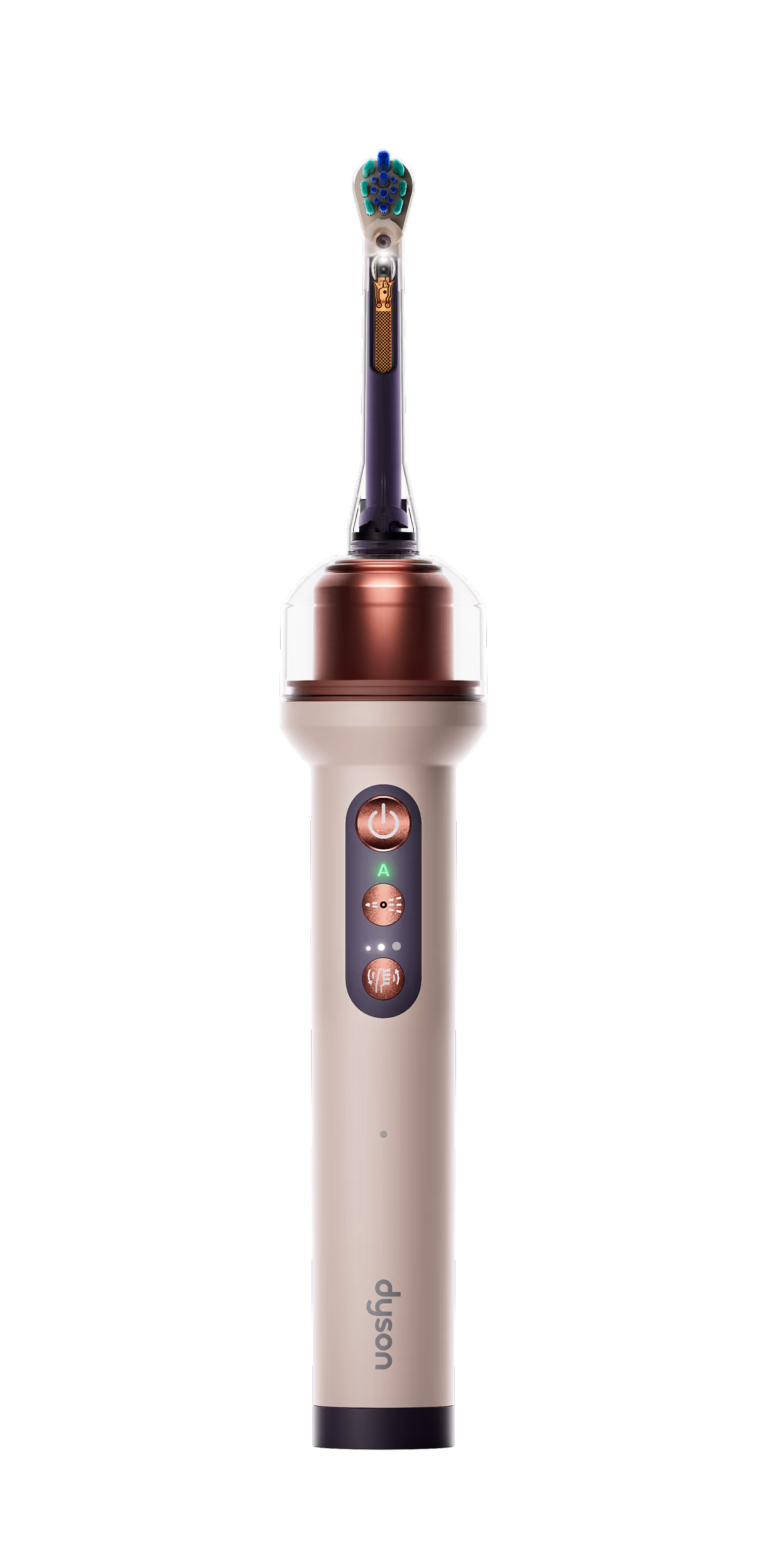 Dyson CameraJet electric toothbrush in Ceramic Pink, showing the brush head with built-in camera and the handle's control buttons.