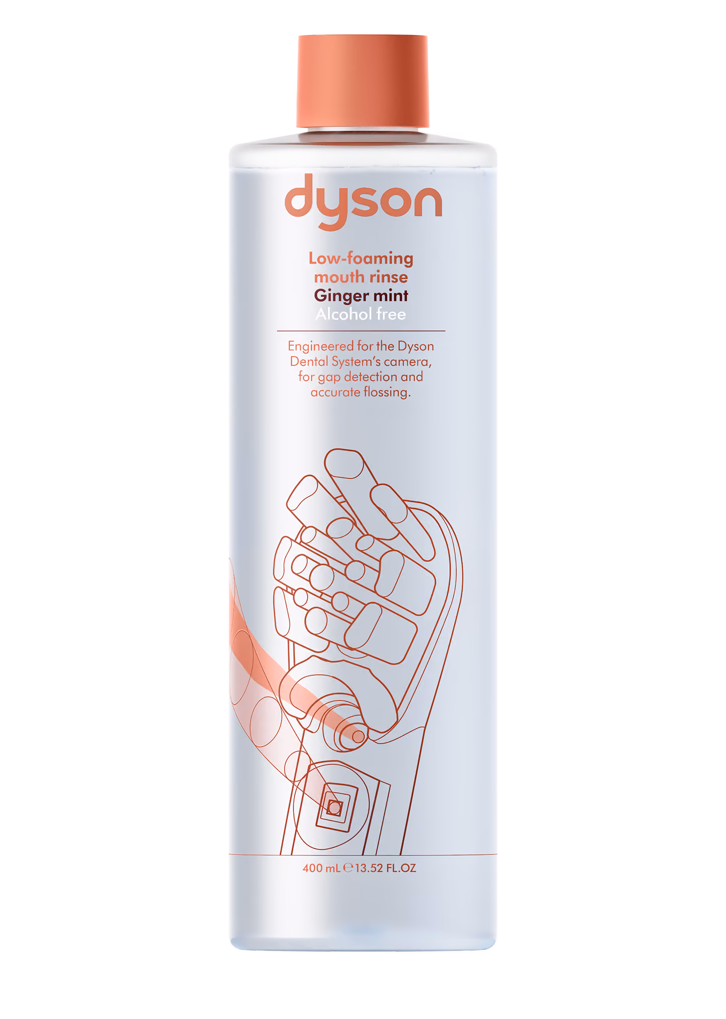Dyson low-foaming ginger mint mouth rinse bottle.