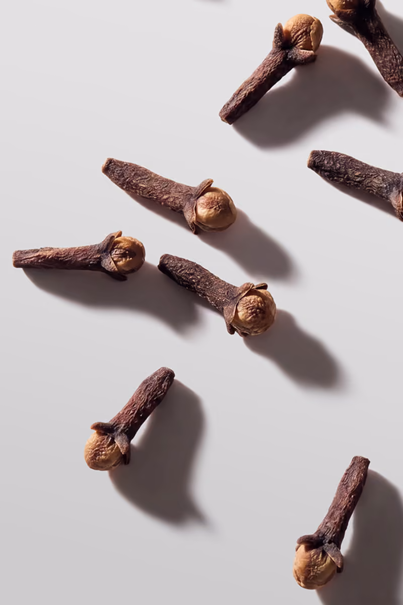Close-up of clove spice buds on a light surface.