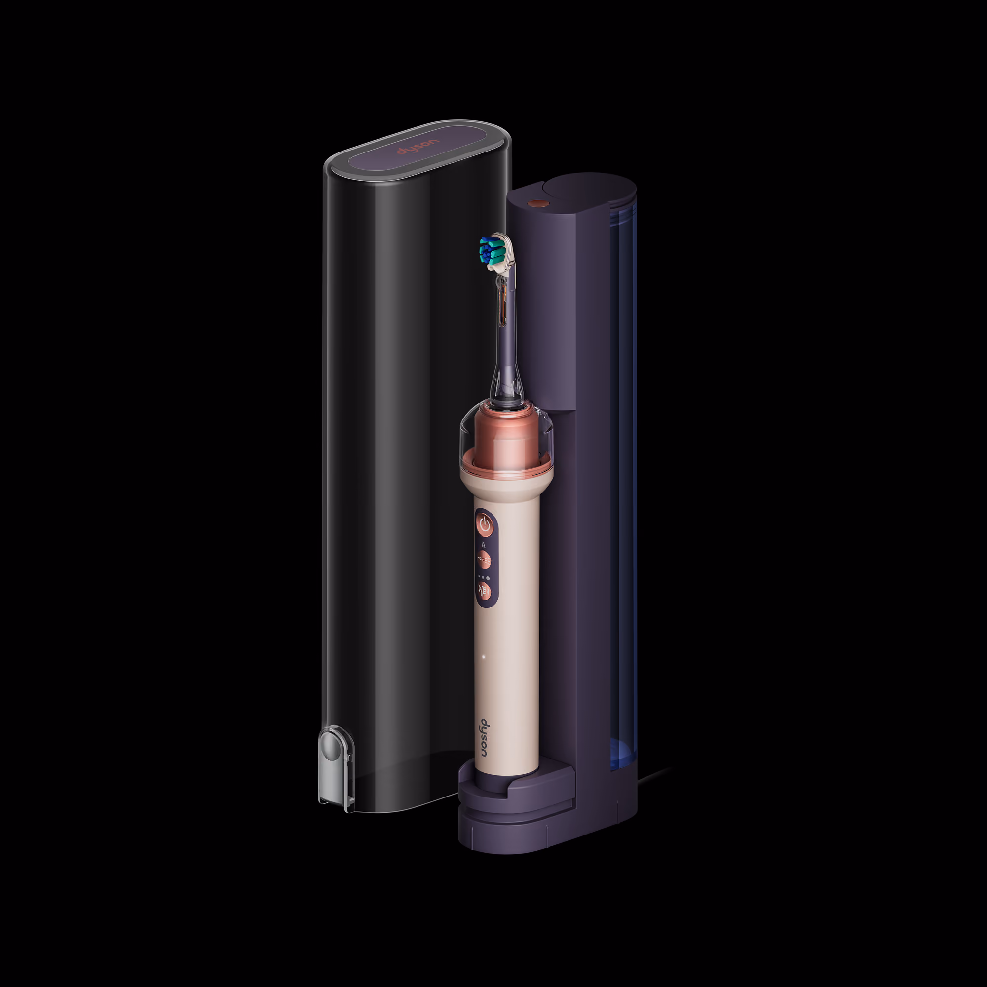 The toothbrush standing in its charging dock next to its travel case.