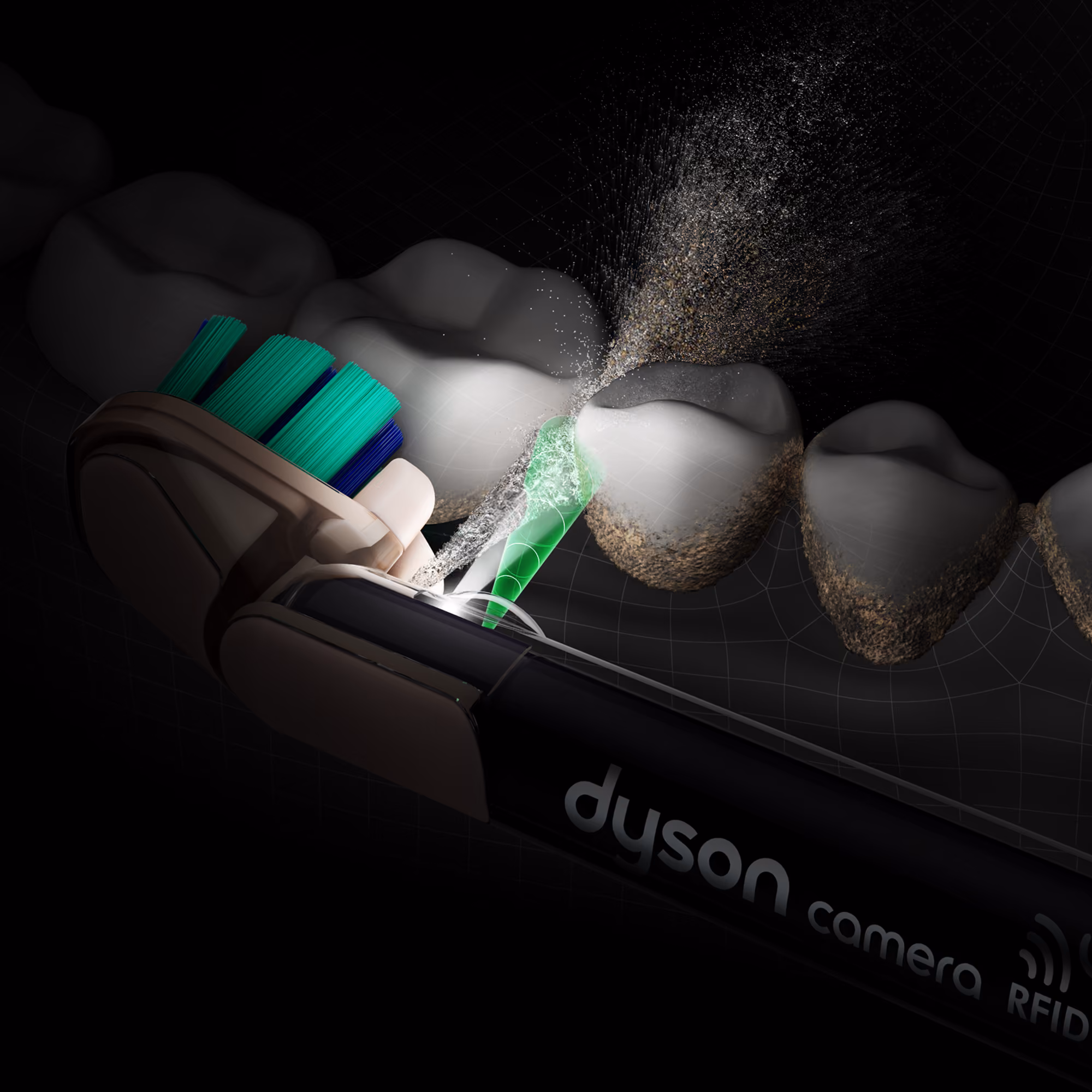 The toothbrush's conical jet firing a stream of liquid onto teeth, with the camera module visible on the handle.