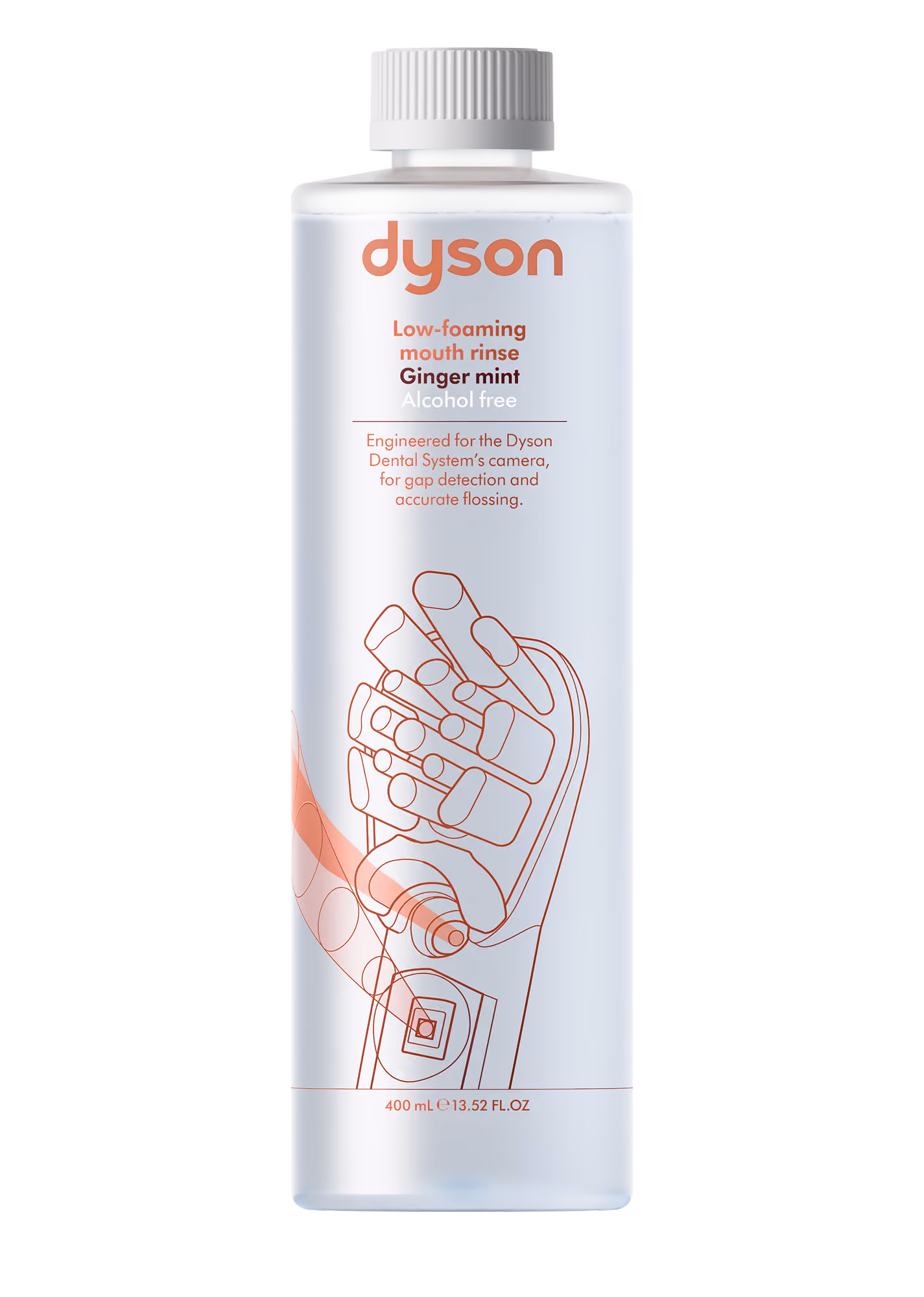 Dyson low-foaming ginger mint mouth rinse bottle.