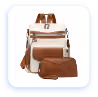 Set of brown leather bags including a backpack, a medium handbag with a tassel, and a small rectangular handbag, displayed against a white background with blue rounded frame.