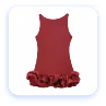 Red sleeveless dress with ruffled bottom hem inside a rounded blue square border.
