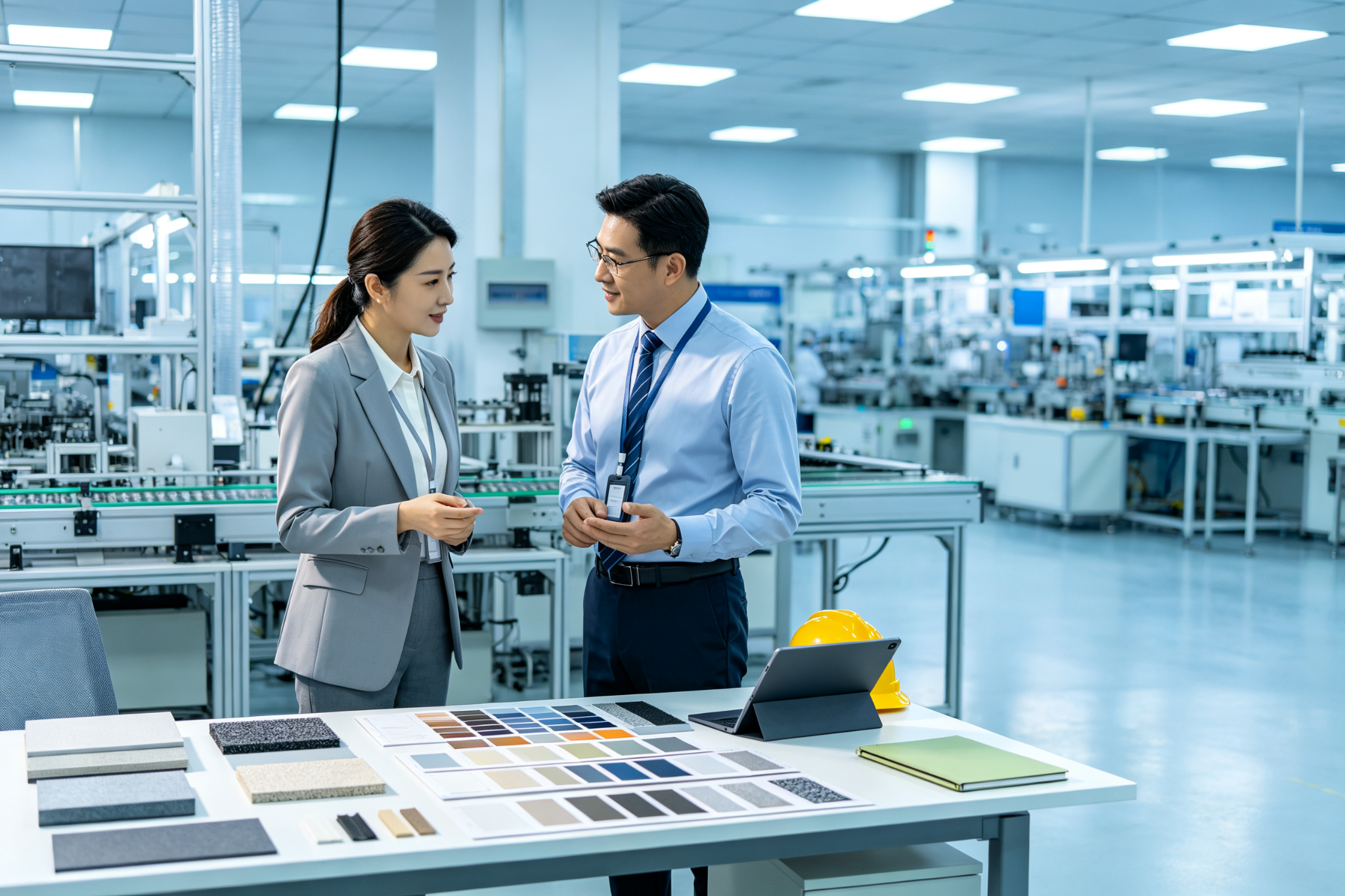 Procurement specialist and factory engineer coordinating a production order over samples
