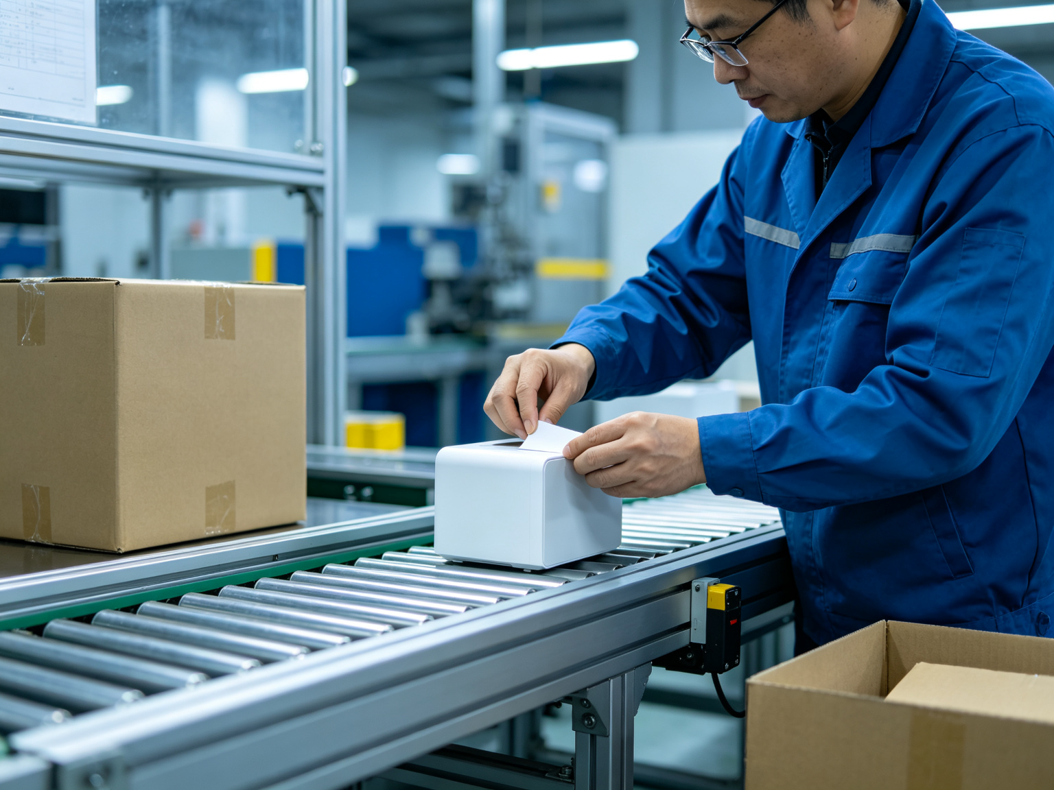 Production line worker checking branded goods during assembly