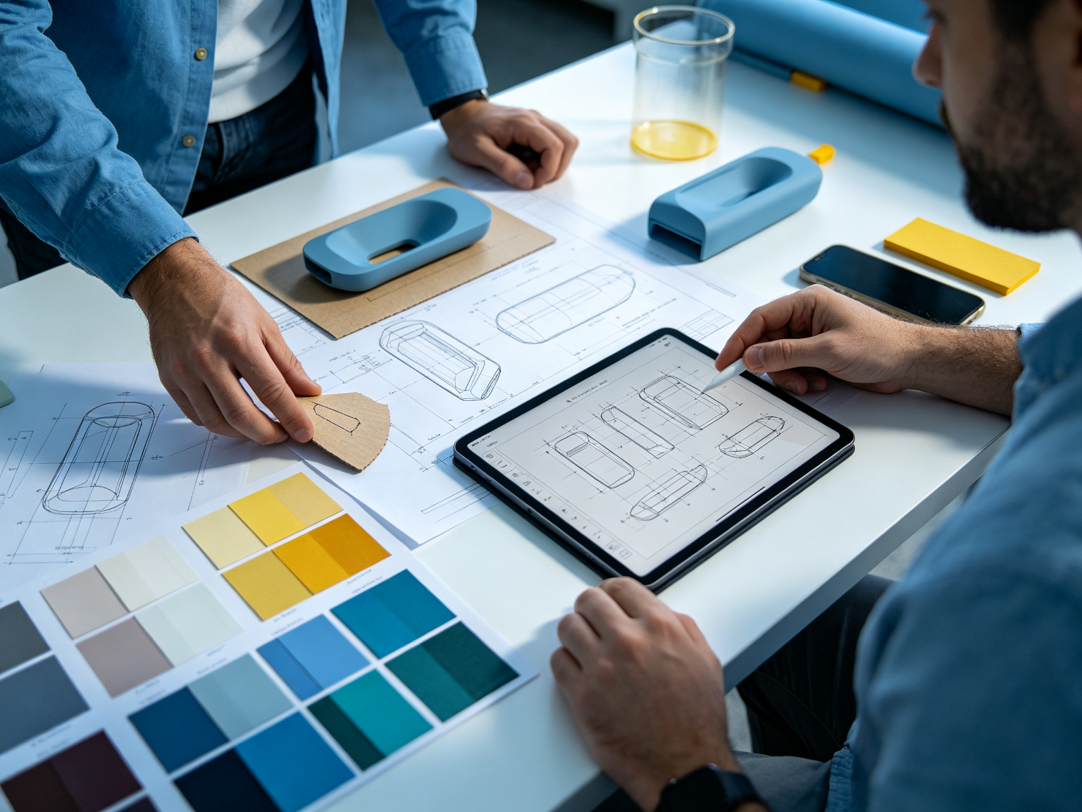 Specifications, colour swatches and a product sample laid out for review on a studio table
