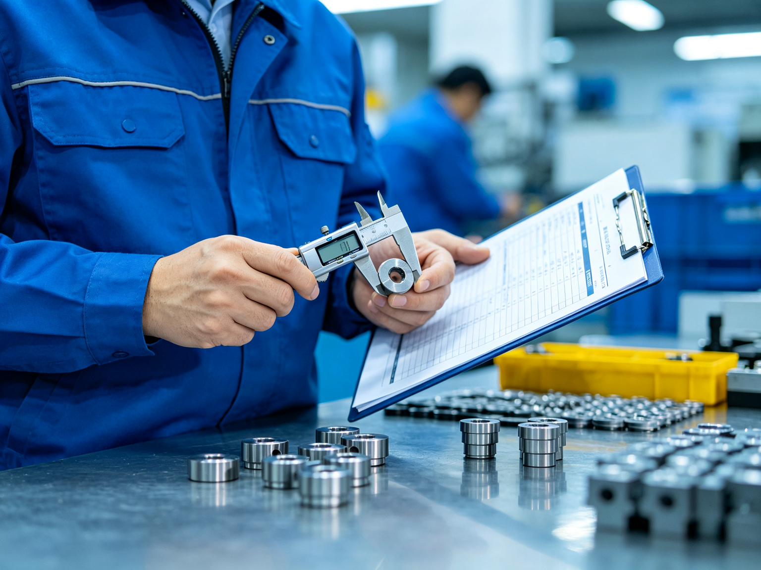 QC inspector measuring a part with a caliper against the agreed specification