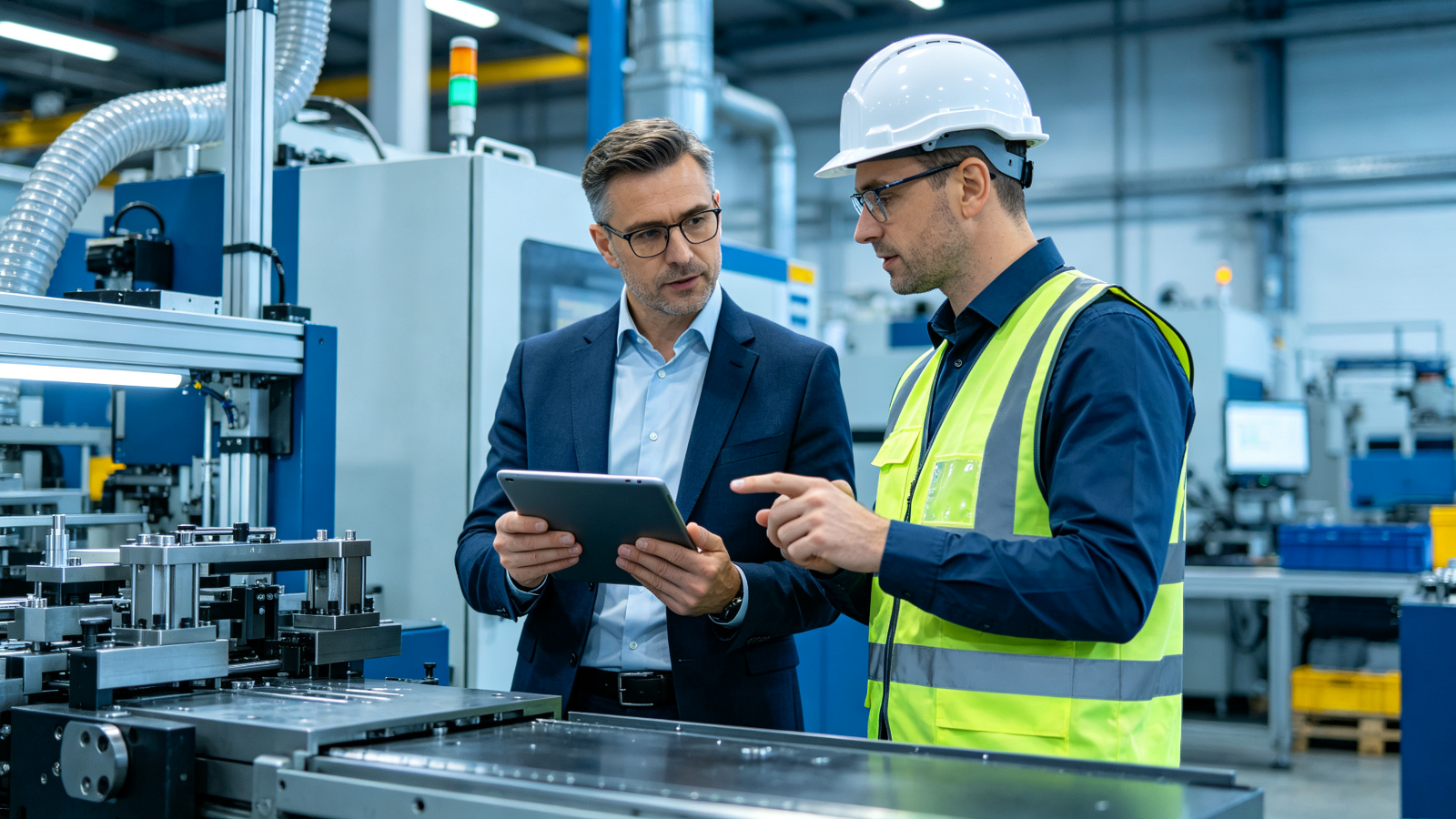 FFOrder on-site specialist reviewing inspection points with a factory manager on a tablet
