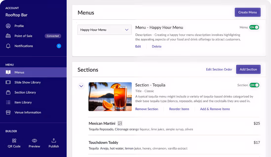 Digital menu editor showing Happy Hour Menu and tequila section with drink details and prices.