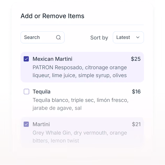 Menu interface to add or remove items with search, sort options, and checkboxes for cocktails with prices.