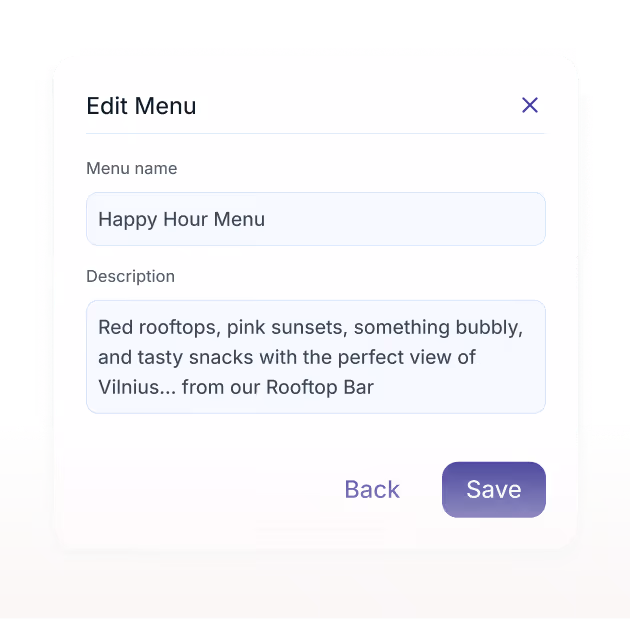 Edit Menu interface showing Happy Hour Menu with description and Back and Save buttons.