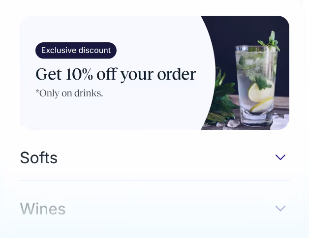 Promotion card offering 10% off drinks with image of a mint lemon glass and menu categories Softs and Wines.