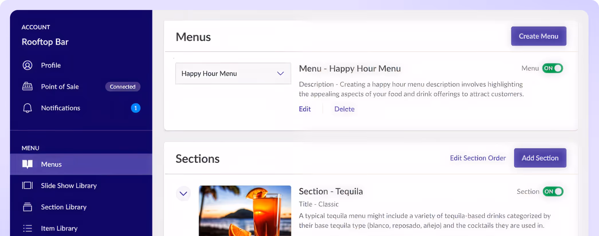 Dashboard for Rooftop Bar with menu and section settings including happy hour and tequila sections.