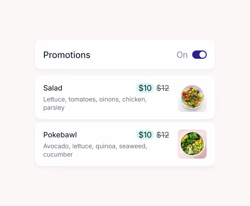 Menu promotion toggle on showing Salad and Pokebowl discounted to $10 from $12 with ingredients and images.