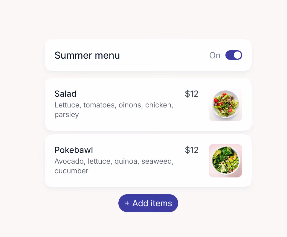 Summer menu with salad and pokebowl, each $12, showing ingredients and food images.