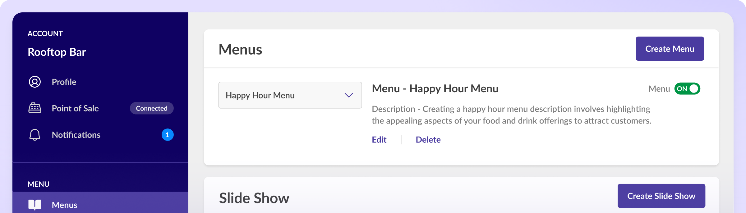 Dashboard showing menu settings for Happy Hour Menu with description, edit and delete options, toggle is on.