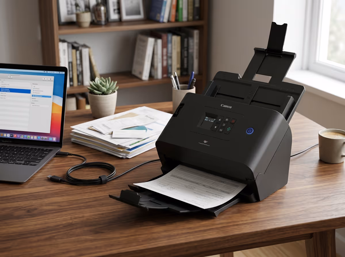 Canon desktop document scanner on a wooden desk next to a laptop and a stack of documents