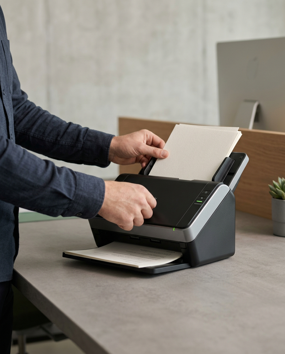 Office worker placing a stack of documents in a desktop document scanner