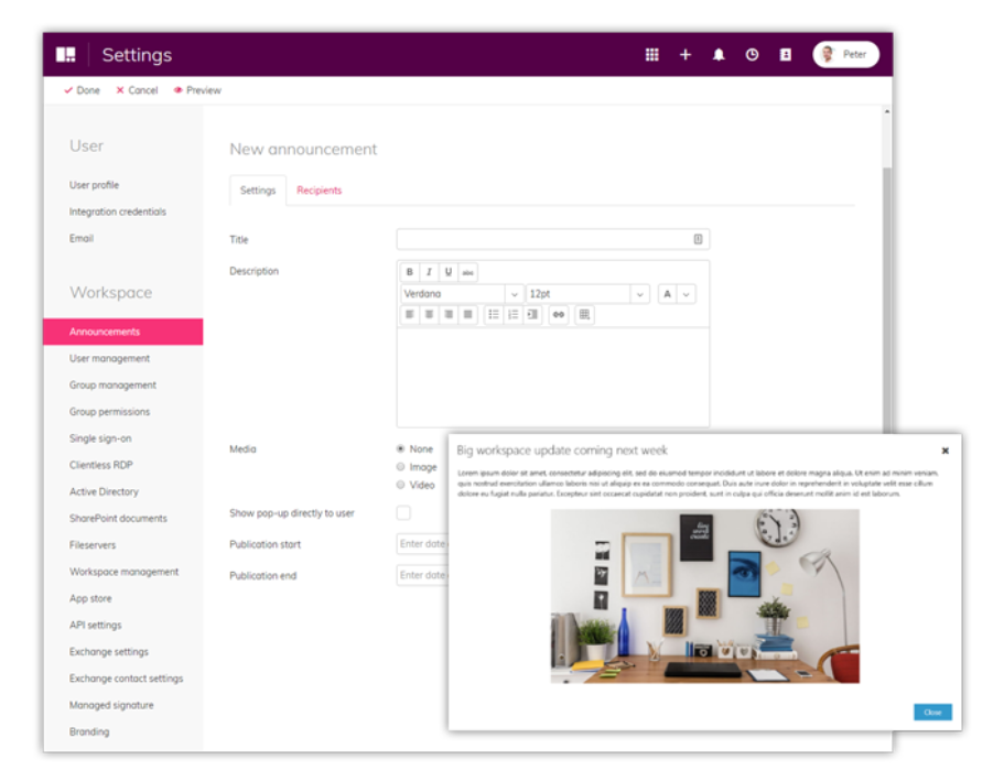 Announcement centre in Workspace 365