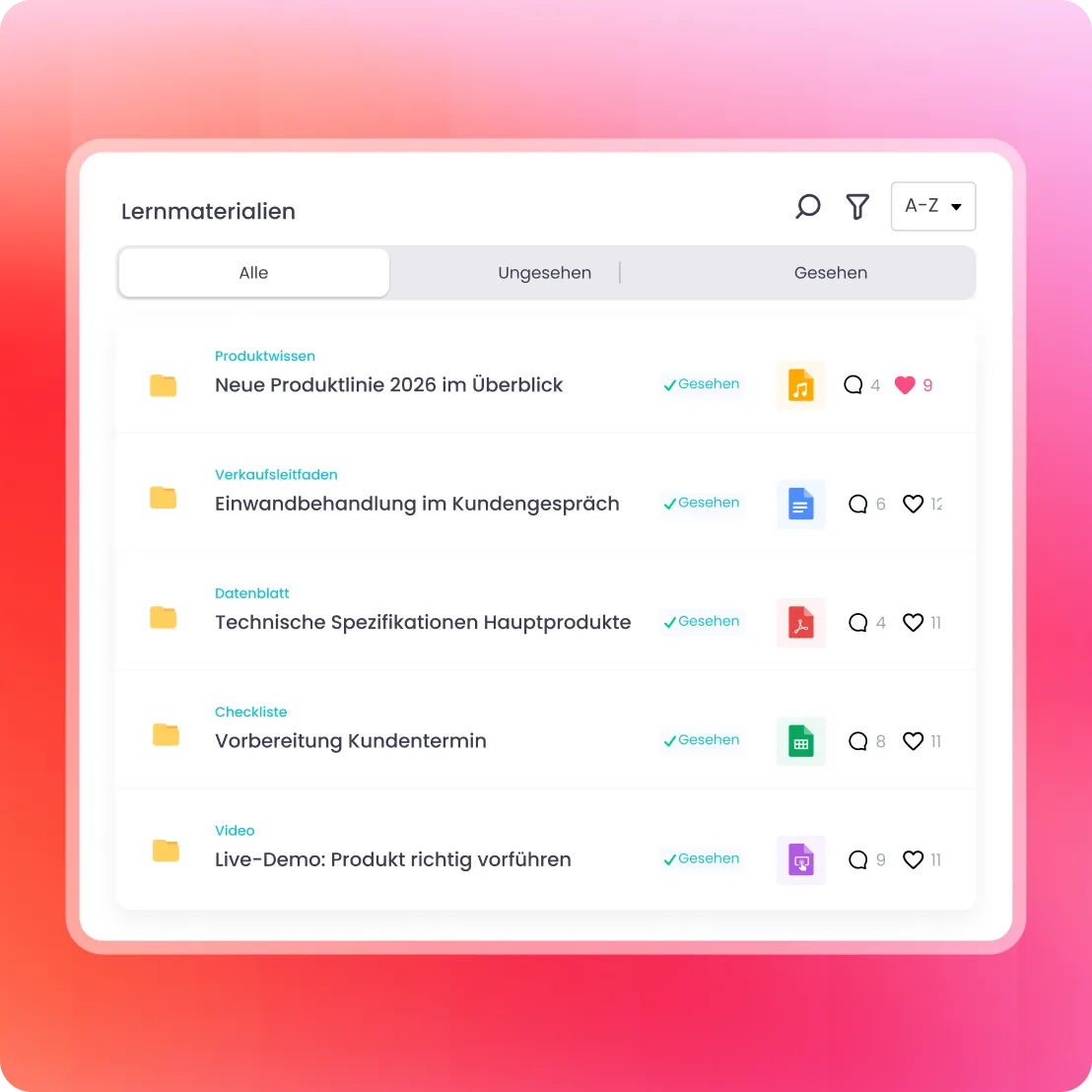 Liste von Lernmaterialien mit Titeln, Kategorien, Status gesehen, Kommentaren und Likes.