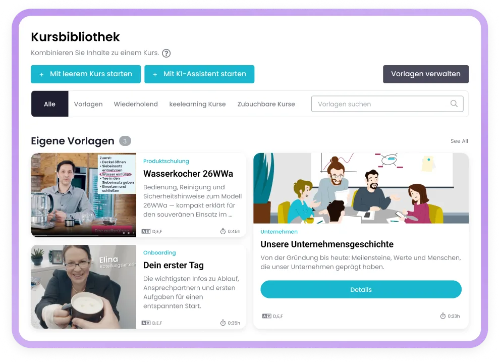 Kursbibliothek mit Optionen zum Starten leerer Kurse oder KI-Assistenten und eigenen Vorlagen zur Auswahl.
