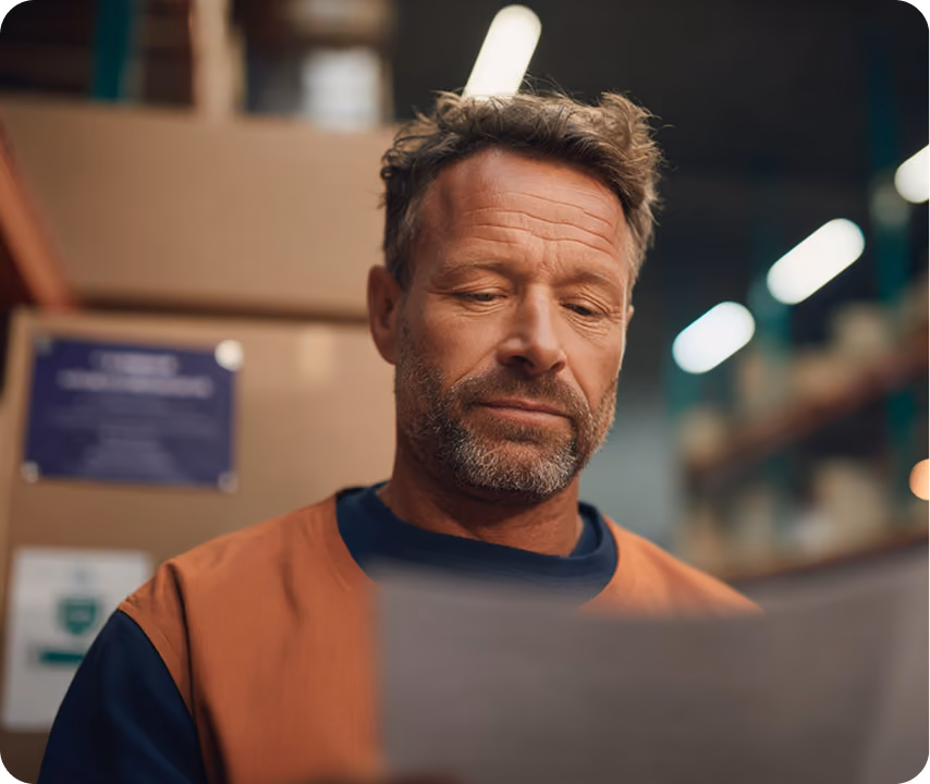 Mann in Arbeitskleidung liest konzentriert ein Dokument in einem Lagerhaus.