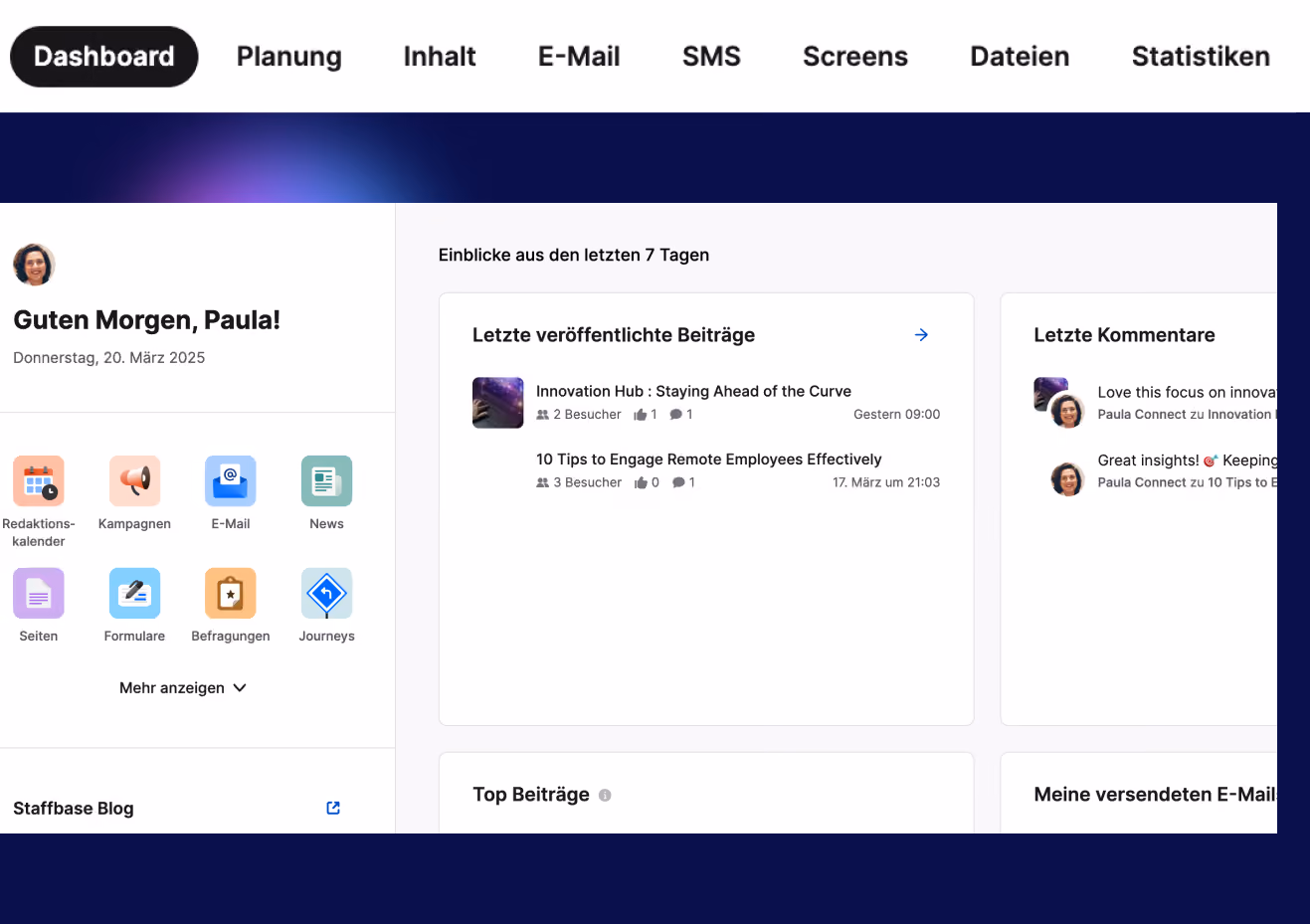 Screenshot von Staffbase im Vergleich von keelearning bei App für Mitarbeiterkommunikation
