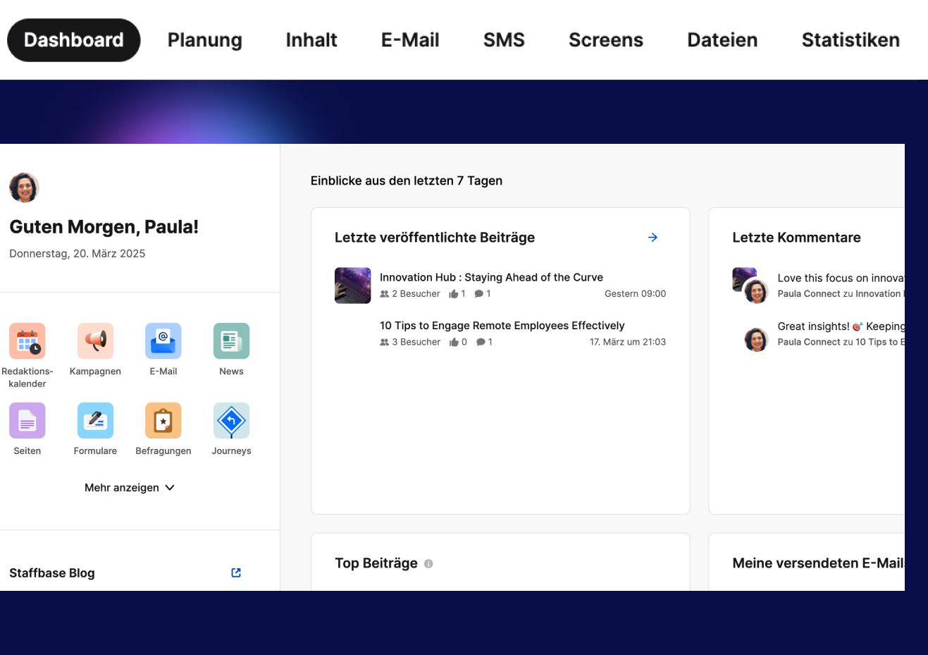 Screenshot von Staffbase im Vergleich von keelearning bei App für Mitarbeiterkommunikation