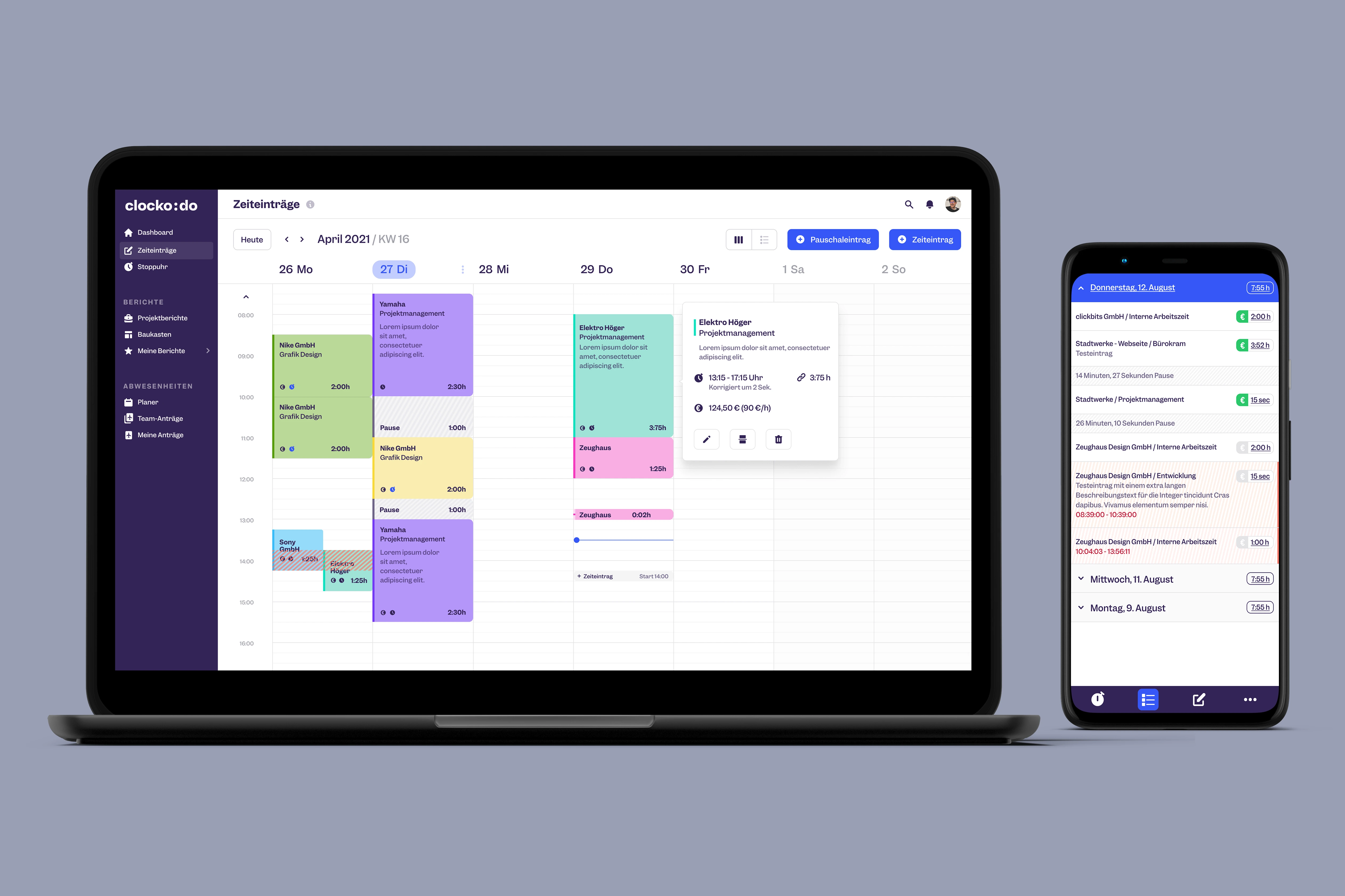 Clockodo Screenshot im Vergleich von keelearning bei Apps für Mitarbeiter im Bauwesen