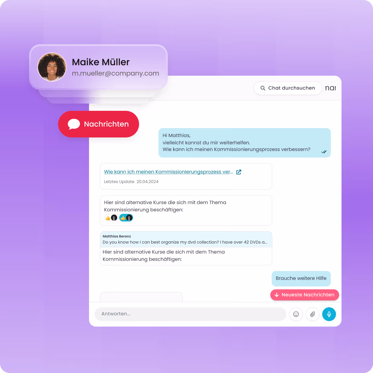Chatfenster mit Nachrichten zur Verbesserung des Kommissionierungsprozesses und alternativen Kursen.