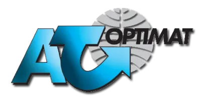 Logo AT Optimat avec flèche bleue et globe stylisé en arrière-plan.