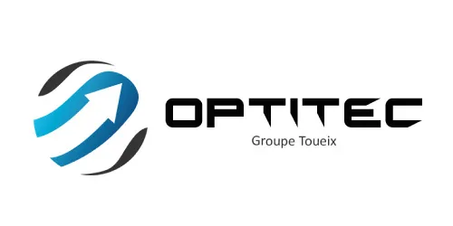 Logo OPTITEC avec flèche bleue montant vers la droite, Groupe Toueix.