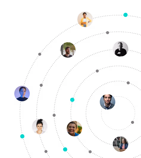 Illustration of diverse people’s portrait photos arranged around dotted concentric circles representing connected network nodes.