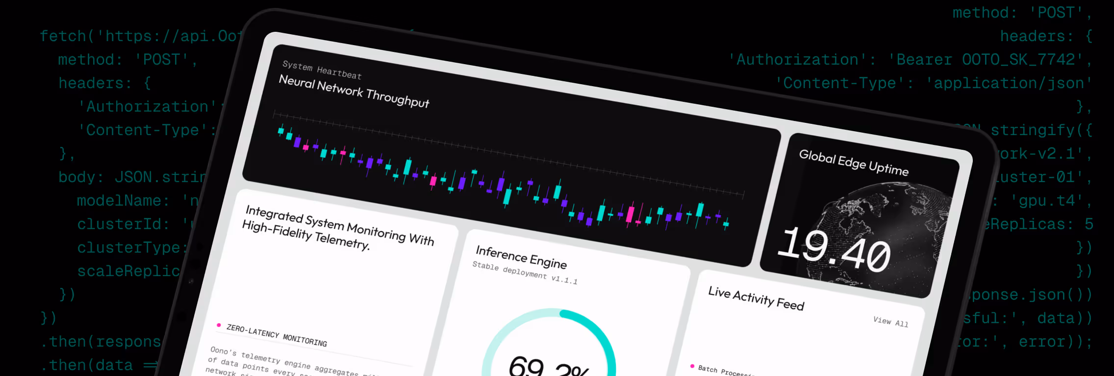Dashboard interface displaying usage statistics, credit balance, active scenarios, and workflow editor with connected automation nodes.
