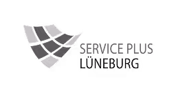 Logo mit einem geschwungenen karierten Muster und dem Schriftzug 'Service Plus Lüneburg'.