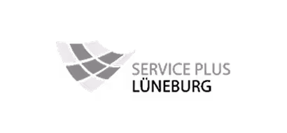 Service Plus logo with stylized check mark made of grey squares.
