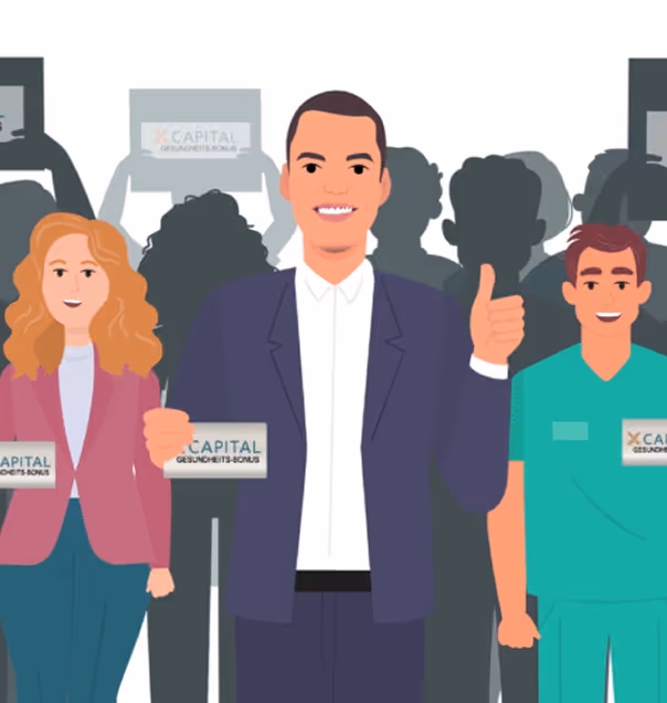 Illustration von drei lächelnden Menschen vor einer Gruppe, einer zeigt Daumen hoch und alle halten Schilder mit der Aufschrift 'Capital Gesundheitsbonus'.