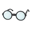 Runde schwarze Brille mit klaren Gläsern und eingekerbten Details an den Bügeln.