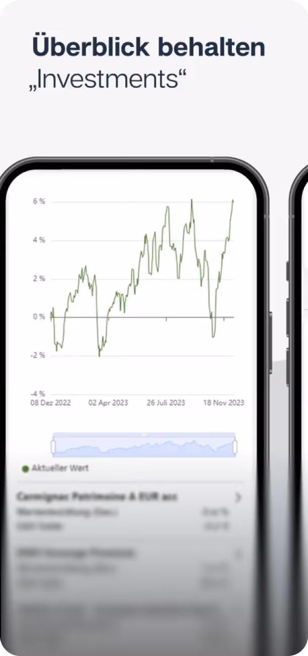 Smartphone zeigt eine Investment-Übersicht mit einem Diagramm der Wertentwicklung von Dezember 2022 bis November 2023.