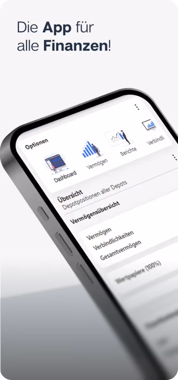 Smartphone zeigt eine Finanz-App mit den Menüpunkten Dashboard, Vermögen, Berichte und Verbindlichkeiten.
