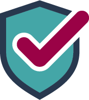 Shield with teal center and dark border featuring a red check mark.