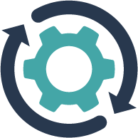 Two curved arrows forming a circle around a gear icon, symbolizing process or update.
