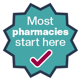 Badge with text 'Most pharmacies start here' and a red checkmark below the text.