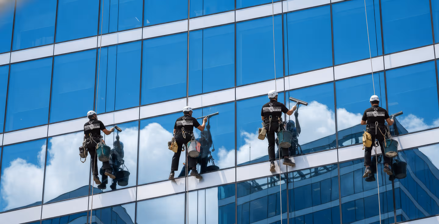 Vier Fensterputzer in blauer Arbeitskleidung reinigen an Seilen hängend die Fenster eines modernen Glasgebäudes.